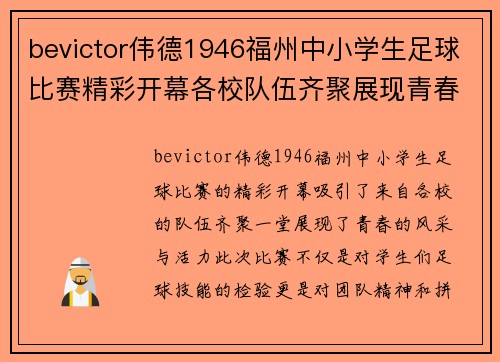 bevictor伟德1946福州中小学生足球比赛精彩开幕各校队伍齐聚展现青春风采